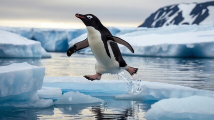 Obraz premium A penguin is jumping from an ice floe into the water.