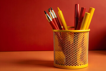 A sleek, yellow pen holder standing upright on a yellow background. This setup is ideal for showcasing office or stationary products.