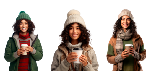 Three young African American women wearing winter clothes holding coffee to go, Portraits on white transparent background
