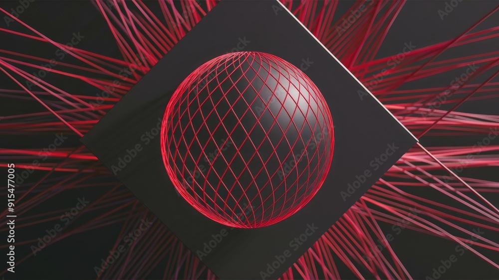Poster Geometric red grid pattern on dark backdrop Gradient fishnet design in red Thin line structure background in red