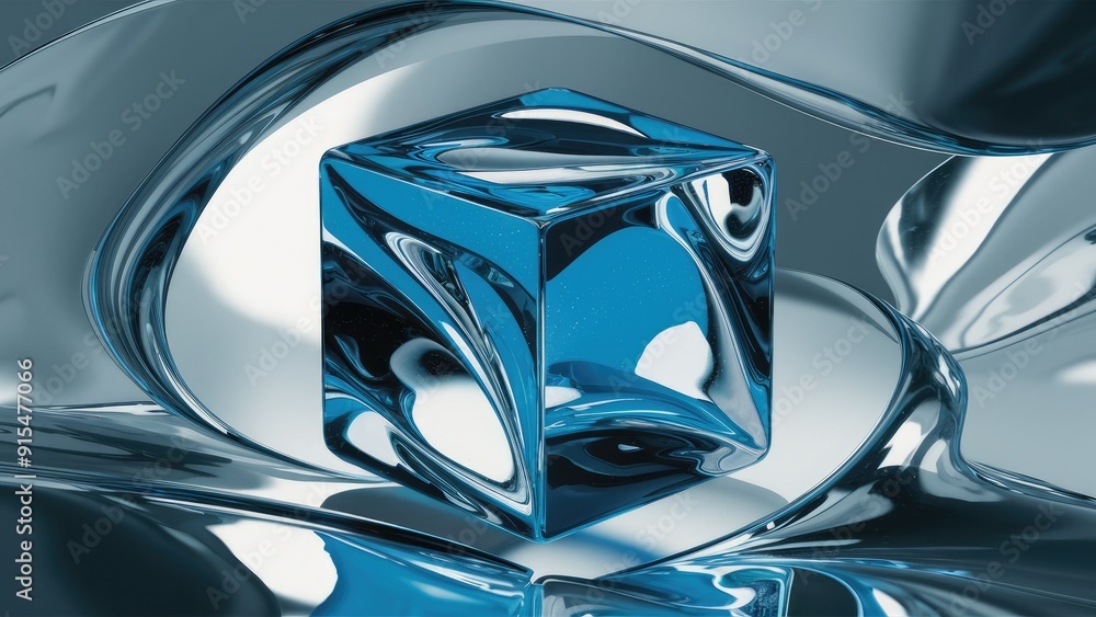 Aufkleber elegant modern 3d rendering of blue glass cube with refraction and reflection shapes abstract backgr