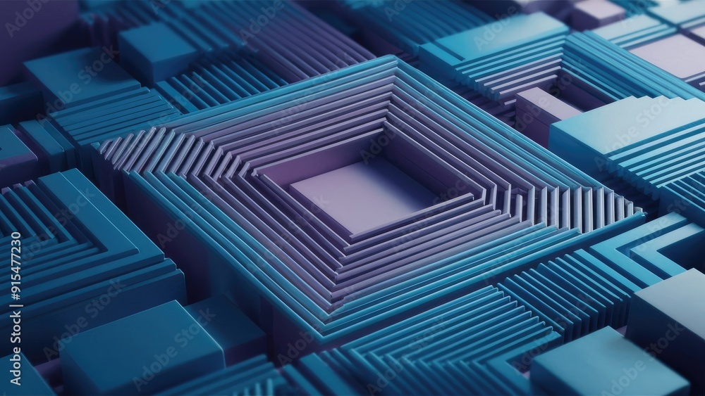 Poster abstract 3d illustration featuring a geometric square pattern with lines in blue and purple gradient