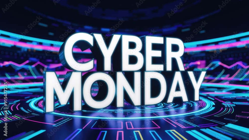 Aufkleber cyber monday text featured on a vibrant neon patterned background concept of global digital shopping
