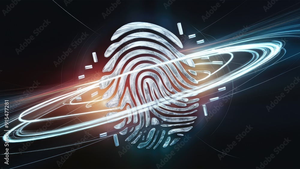 Aufkleber fingerprint with data processing and light trails on a dark background concept of global technology 
