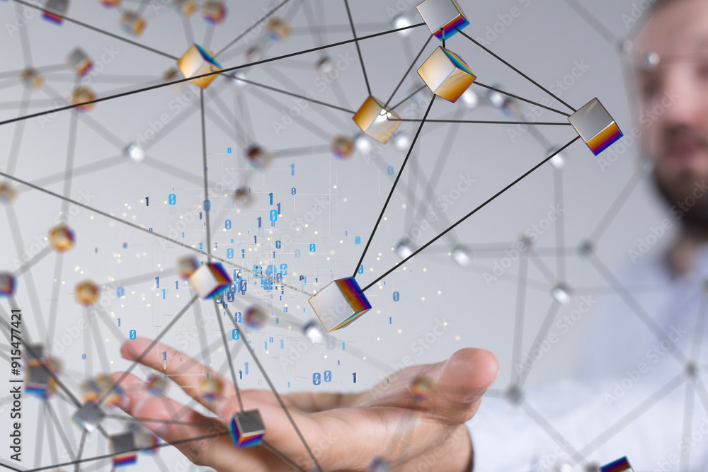 Aufkleber Digital cyberspace with particles and Digital data network connections concept.