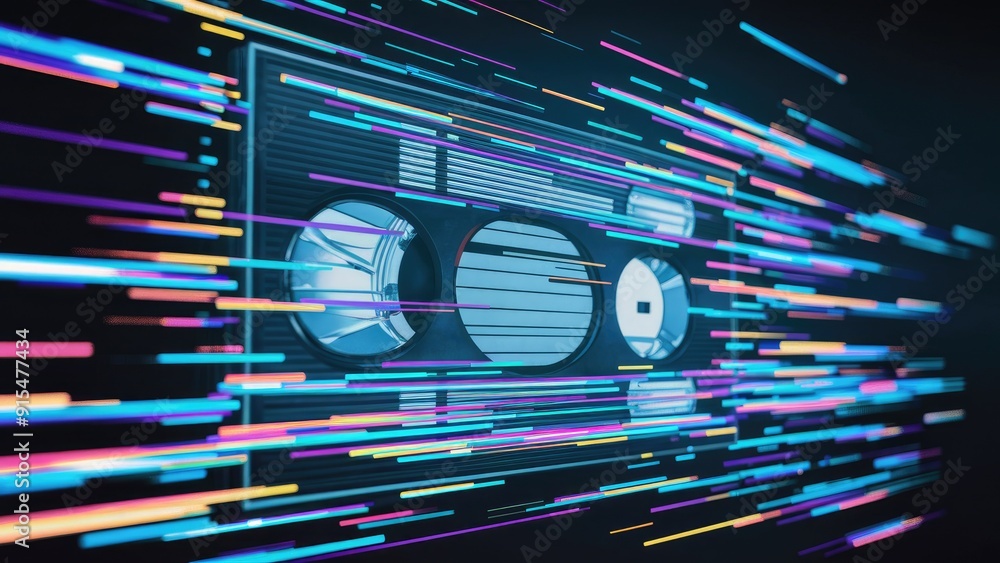 Poster glitchy digital lines and pixels on a dark backdrop evoking a corrupted vhs tape effect