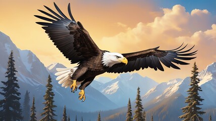 Obraz premium A bald eagle is flying with its wings spread wide, soaring over a mountain range with snow-covered peaks