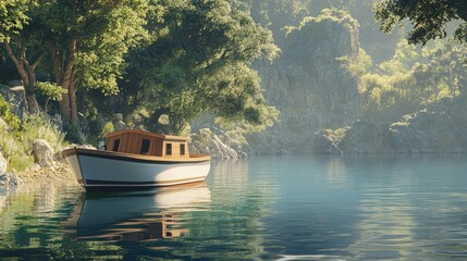 Cozy cabin cruiser nestled in a tranquil bay, offering the perfect spot for a peaceful retreat