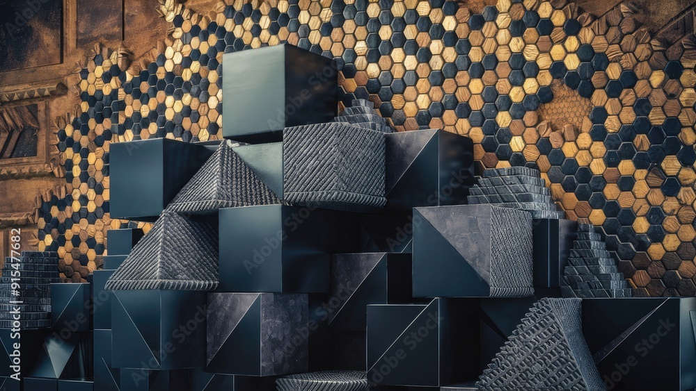 Poster abstract geometric cube tiles and mosaic wall backdrop featuring hexagonal patterns black and gray c