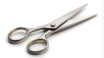 Obraz premium A sharp, shiny metal scissor lies open and ready for use on a clean white background, poised to cut through various materials with precision.