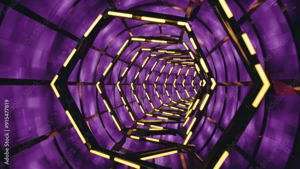 Poster abstract hexagonal tunnel with a seamless pattern and yellow light spots on a purple backdrop symbol
