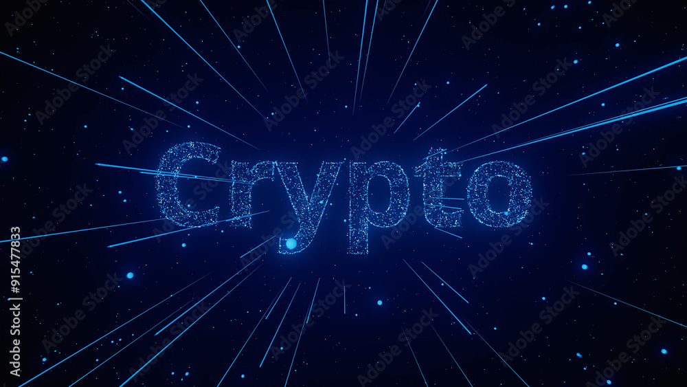 Poster bright particles form the word crypto against a dark, starry backdrop, creating a sense of depth and