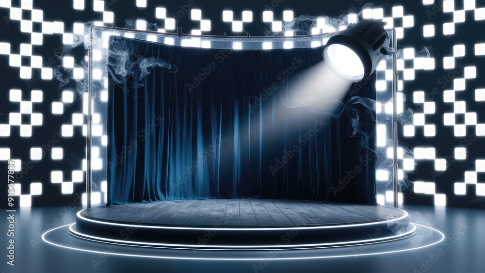Poster empty dark stage with a transparent background illuminated by white spotlight with floating smoke id