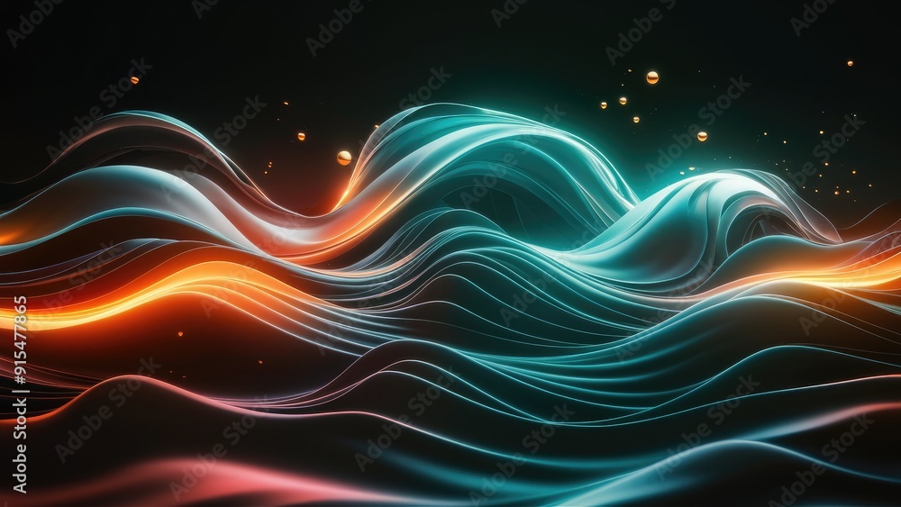 Poster abstract image of flowing luminous lights and waves on a dark background representing color movement