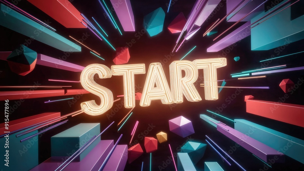 Poster dynamic abstract shapes with start text on a dark background evoking retrofuturistic and digital int