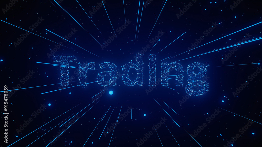 Aufkleber glowing particles form the word trading against a dark backdrop, highlighting a dynamic and tech-ins
