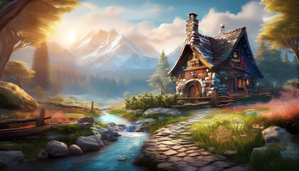 Naklejka premium Serene Riverbank Cottage with Mountains in Background