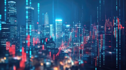 Fototapeta premium Digital financial indicators blend with an urban cityscape, highlighting the relationship between stock market and modern cities.