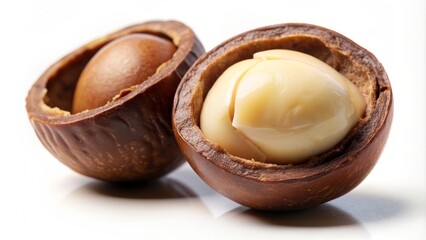 A single cracked open Hawaiian macadamia nut rests in the palm, revealing its creamy white interior, against a clean and simple background.