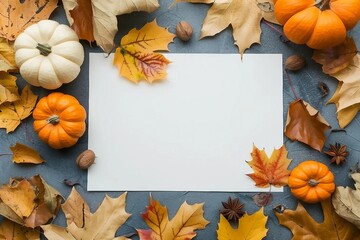 Autumn composition with paper blank and dried leaves with pumpkin on table. Flat lay, top view, copy space.