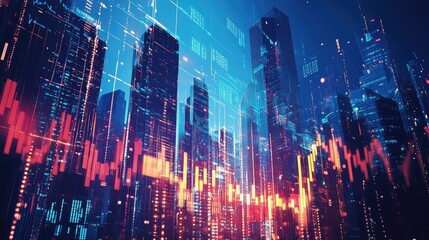 Obraz premium Digital indicators and a bustling cityscape merge, representing the stock market's influence on modern urban environments.