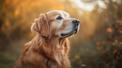 A golden retriever dog with a shiny coat, set against a natural outdoor background. Perfect for pet and nature themes.