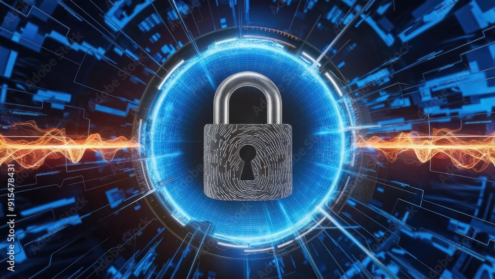 Poster digital interface featuring a biometric padlock within a blue digital tunnel conceptual representati