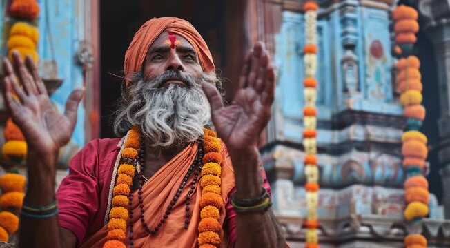 Indian man worshipping Ayodhya Temple, Festive season