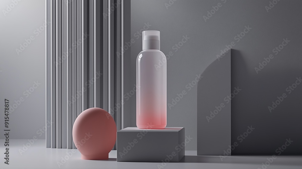 Poster a minimalist product display featuring a gradient bottle and a spherical object on a modern pedestal
