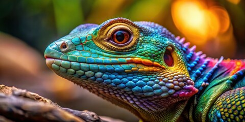 Obraz premium Close-up of a colorful reptile blending into its natural habitat, reptile, scales, camouflage, wildlife, exotic, lizard