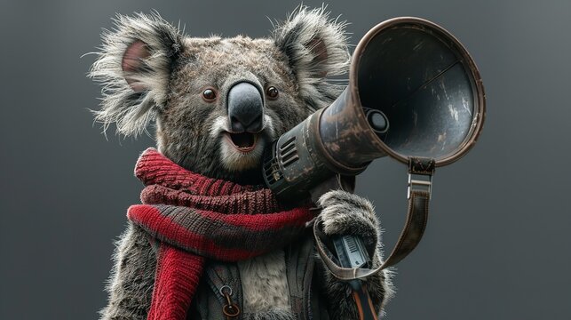 Kaola Bear using a megaphone to make a public announcement in the forest.