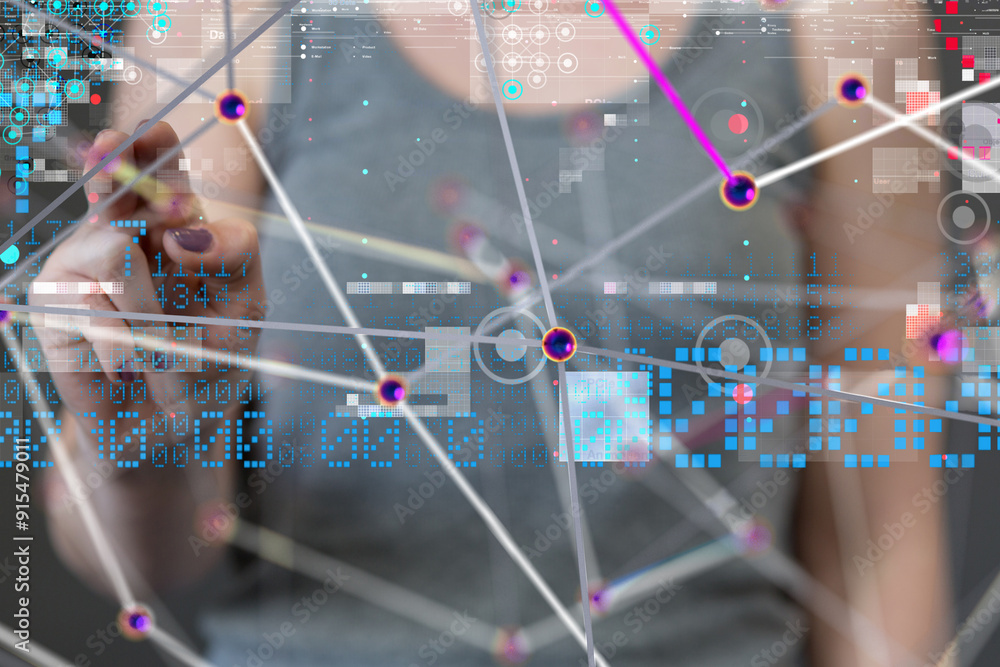Poster Neural network 3D illustration. Big data and cybersecurity - 3d