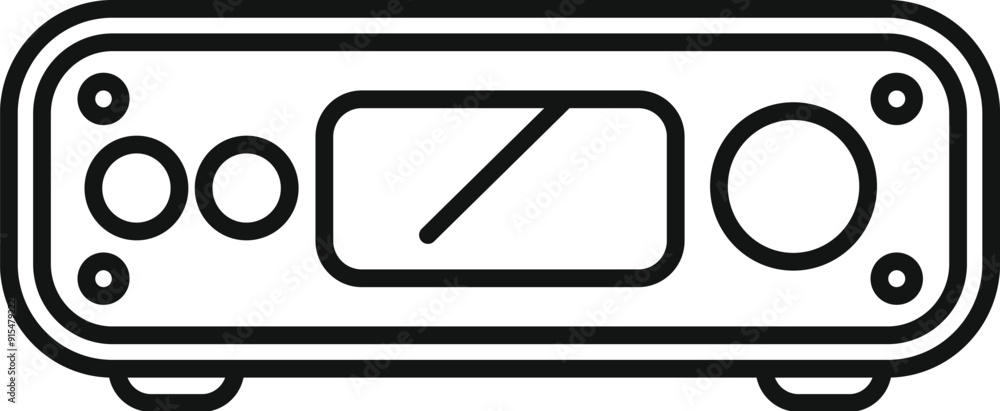 Poster line drawing of a sleek, modern audio processing unit with knobs and a screen, ideal for music produ