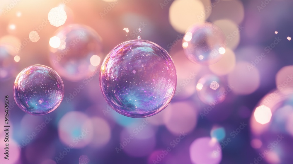 Poster a serene abstract design featuring floating soap bubbles with soft, iridescent colors and gentle lig