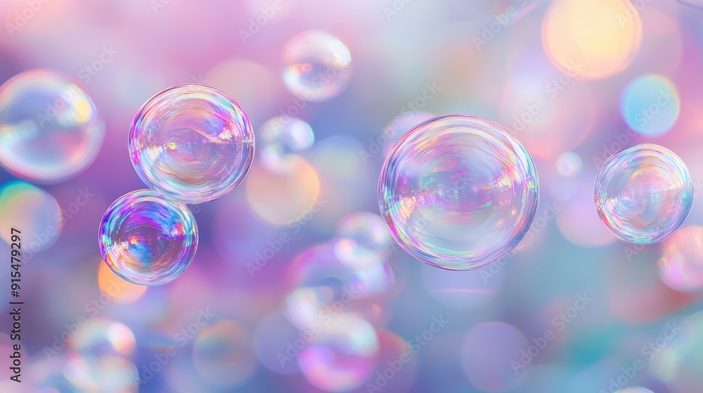 Poster a serene abstract design featuring floating soap bubbles with soft, iridescent colors and gentle lig