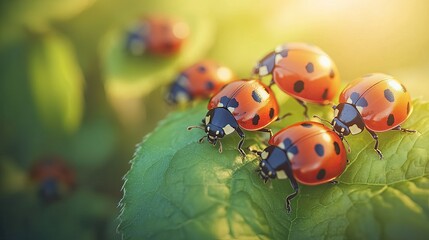 Detailed macro of several ladybugs on a leaf, with the background softly out of focus to highlight the insects.
