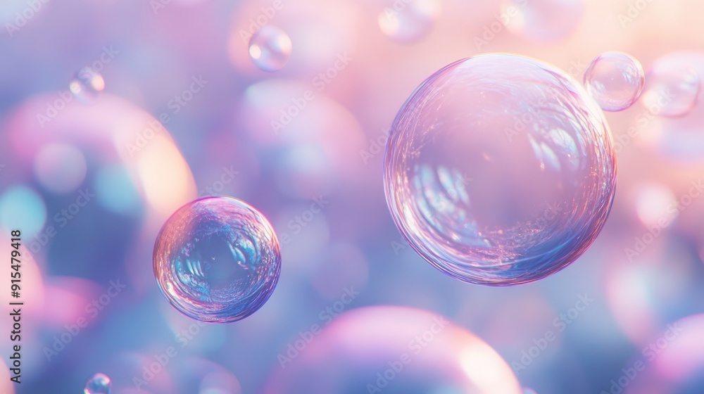 Poster a serene background featuring floating soap bubbles with soft, iridescent hues and delicate gradient