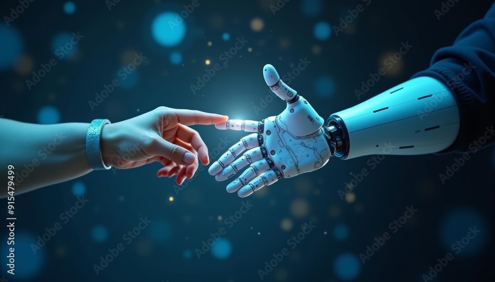 Poster human and robot hands reaching out in a moment of connection