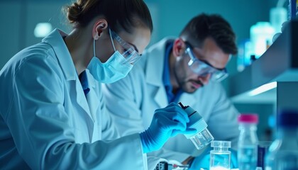  Focused scientists in lab collaborating on research