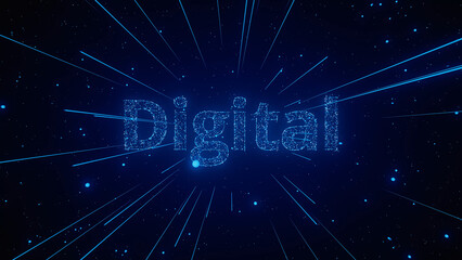 Particles radiate outward, forming the word Digital in bright blue against a dark backdrop.