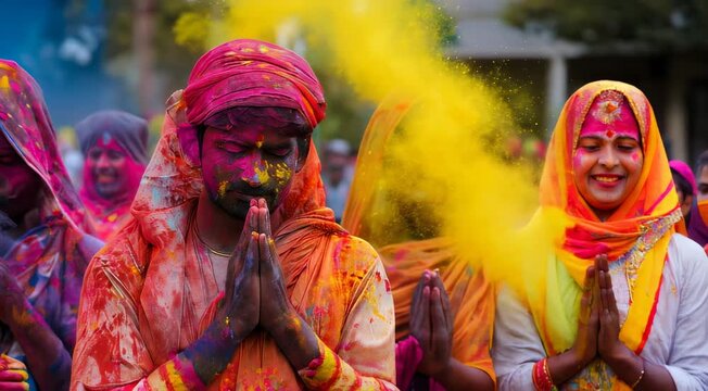 people celebrating indian holi festival with colors