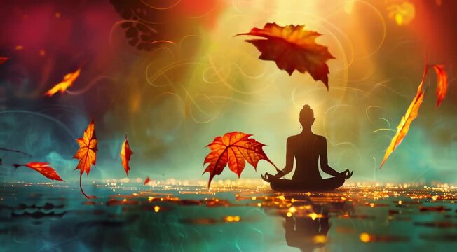 yoga and meditation. serene nature elements, vibrant and uplifting colors (blues, greens, yellows), and meditation symbols like lotus flowers or a peaceful Buddha