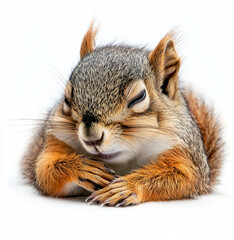 Fototapeta premium a squirrel is taking a nap with sleepy face, white background