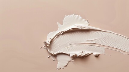 A white tube of makeup is smeared across a tan background