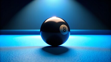 A solitary black eight ball rests on a vibrant blue pool table, illuminated by soft overhead lighting, surrounded by empty space and waiting for the next shot.