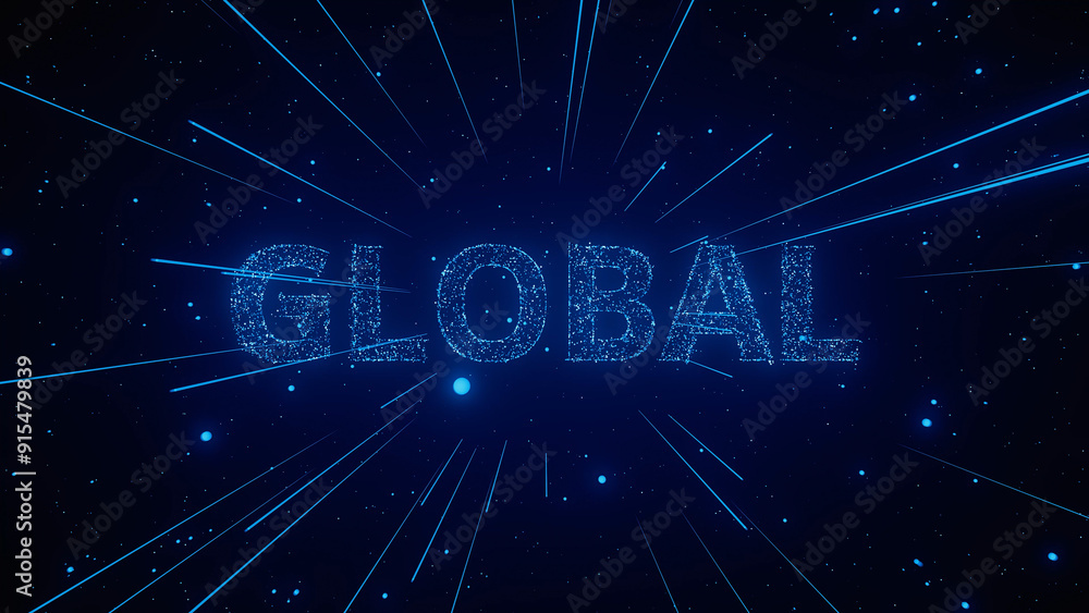 Poster a luminous representation of the word global with blue particles radiating outward in a dark setting