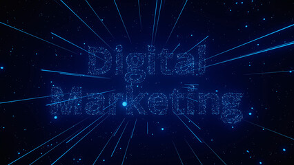 Glowing digital marketing text shines against a starry background, illustrating the expansive nature of online promotion.