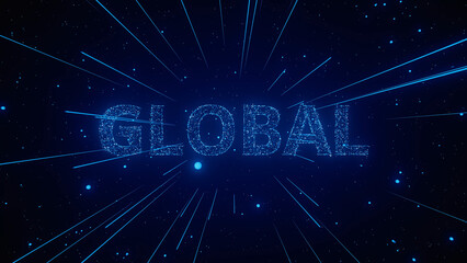 A luminous representation of the word global with blue particles radiating outward in a dark setting.