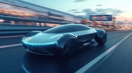 Futuristic car with a sleek design and autonomous driving capabilities, speeding through a high-tech cityscape, representing the future of transportation and mobility.