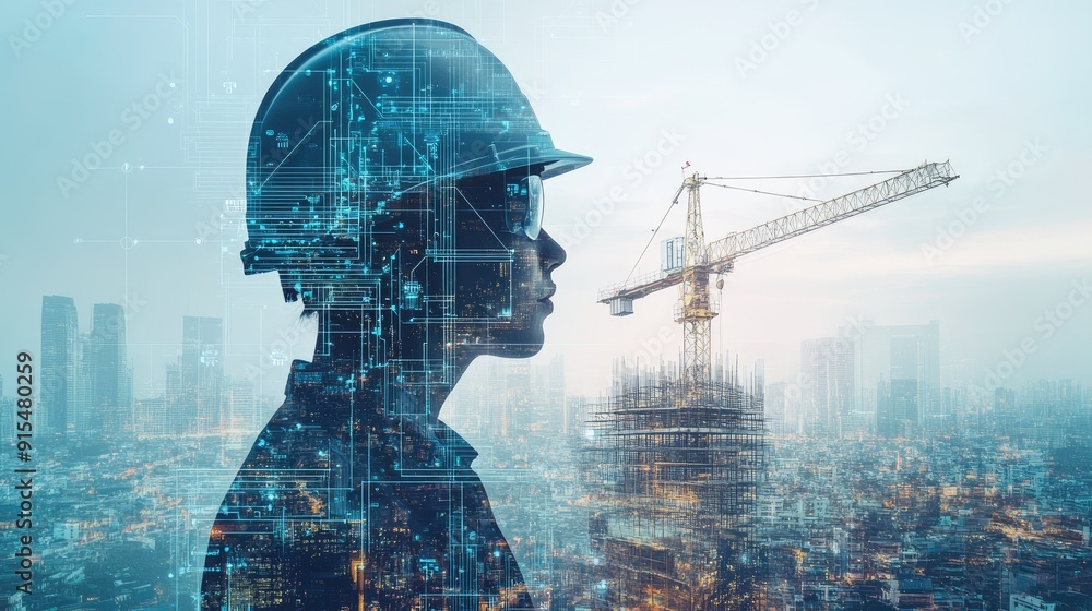 Poster double exposure of engineer using digital technology interface icons overlayed with construction cra